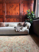 Living room with a beige sofa and hand-knotted antique Persian Mahal area rug with allover botanical motifs on a celadon green field