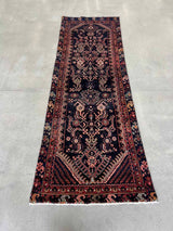 vintage Persian Hamadan runner rug with brick red and peach herati motif and navy blue field