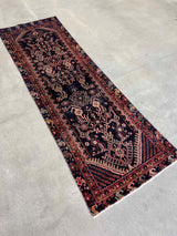 vintage Persian Hamadan runner rug with brick red and peach herati motif and navy blue field
