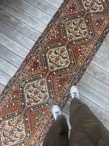 A vintage Persian runner rug with ivory repeating medallions and a bird and boteh motif on a brick red field