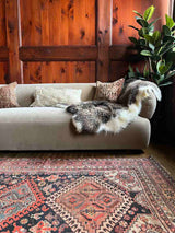 Vintage Persian rug with colorful medallions beside a beige sofa with a sheepskin throw and pillows