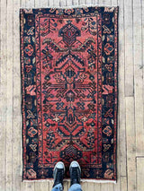Vintage Persian area rug botanical motifs, blue border, and a berry colored field
