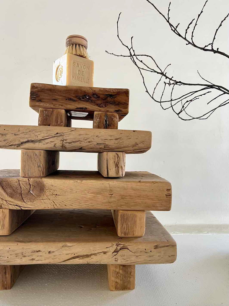Handcrafted Antique Wooden Risers at Woven Kin Home